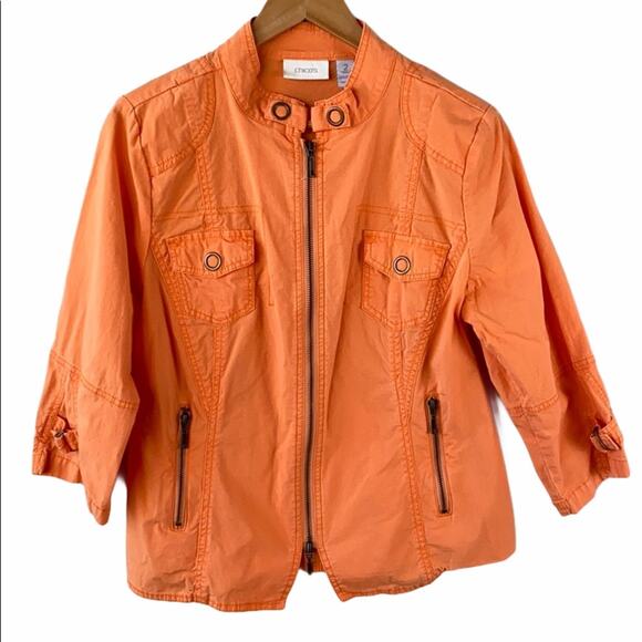 Chico's Women Orange Mock Neck Front Zip 3/4 Sleeves Jacket Size M - Picture 8 of 11